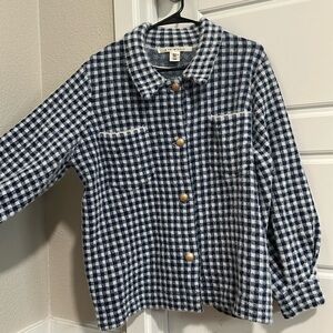 Max Studio Blue & White Checked Fuzzy Jacket with Gold Tone Buttons.  Size EL